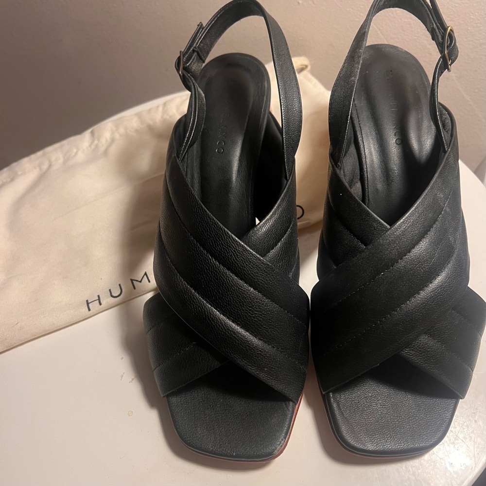 Black Quilted Leather Slingback Sandals with Wood-Effect Heel - Picture 3 of 7